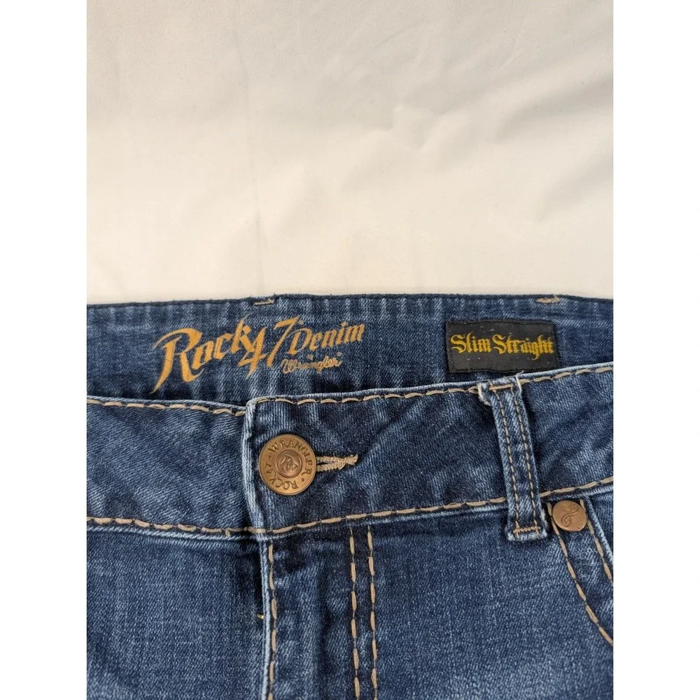 Wrangler Rock 47 Jeans Mens 38x30‎ Thick Stitch Heavy Blue Slim Straight Denim
